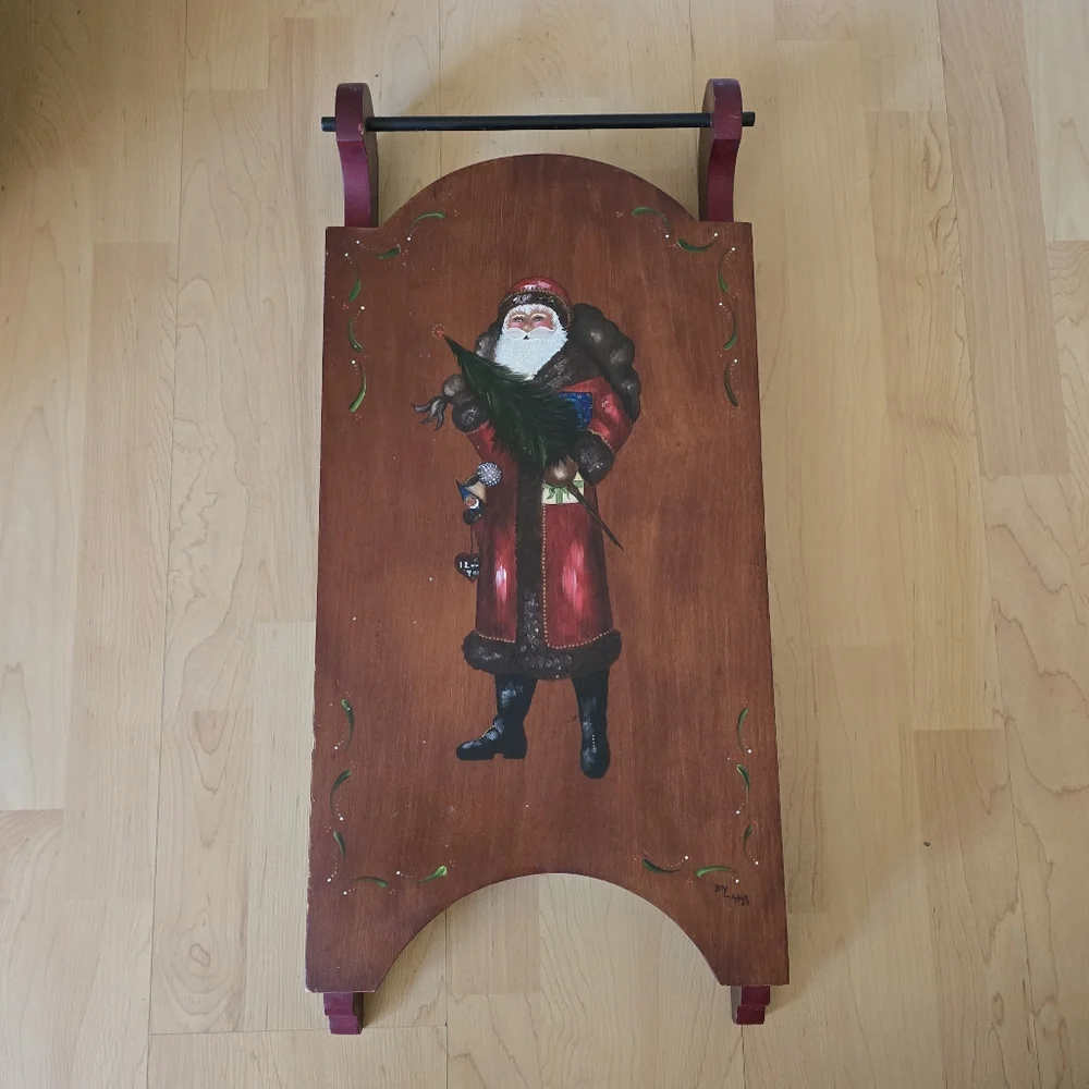 Christmas Wooden Sleigh   Handpainted Folk Art W/Santa.  26